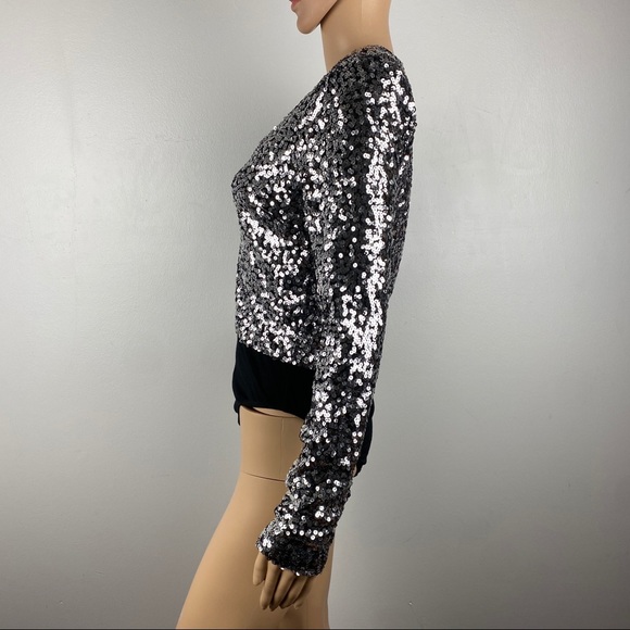 NEW BARDOT SILVER SEQUIN LONG SLEEVE BODYSUIT - Picture 6 of 11